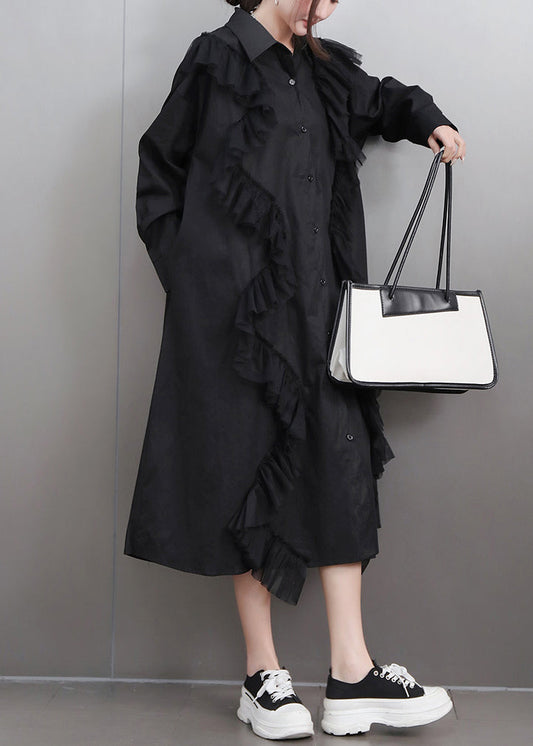 Black Button Tulle Patchwork Fall Shirt Dress Peter Pan Collar