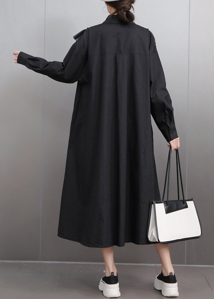 Black Button Tulle Patchwork Fall Shirt Dress Peter Pan Collar