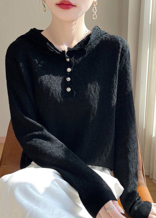 Black Button Woolen Knit Fall Sweaters Hooded