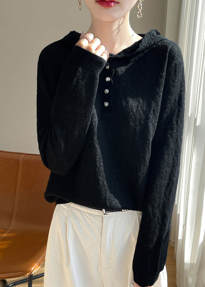 Black Button Woolen Knit Fall Sweaters Hooded