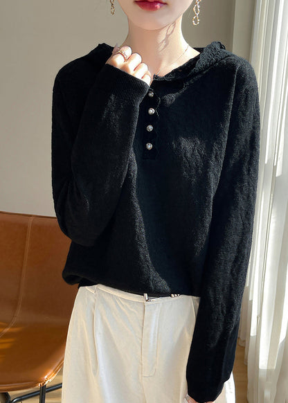 Black Button Woolen Knit Fall Sweaters Hooded
