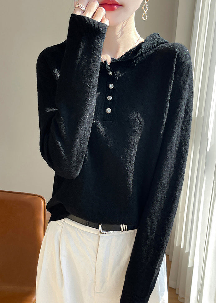 Black Button Woolen Knit Fall Sweaters Hooded