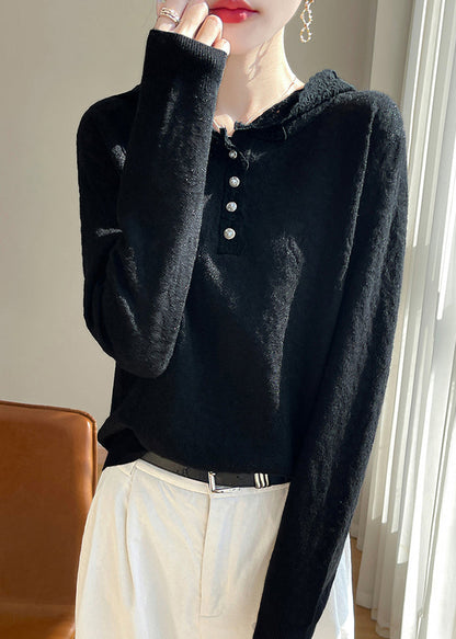 Black Button Woolen Knit Fall Sweaters Hooded