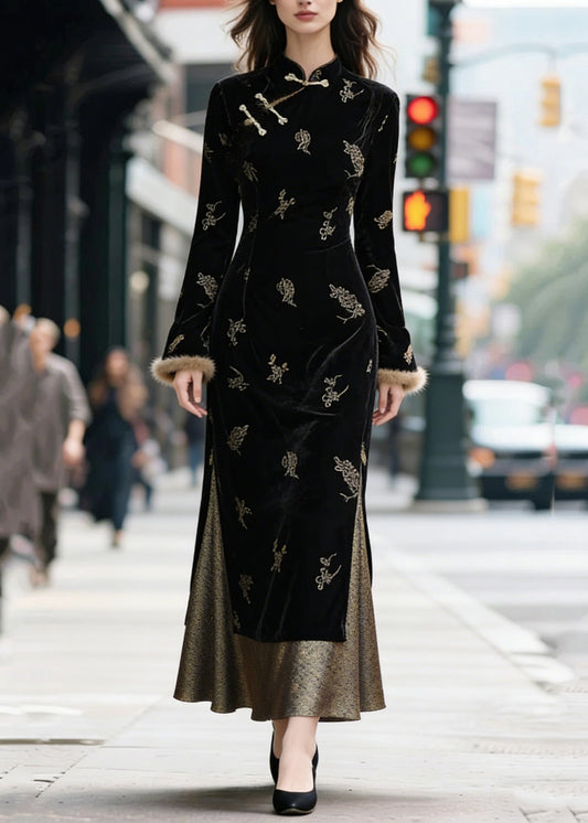 Black Chinese Button Side Open Patchwork Silk Velvet Long Dresses Stand Collar