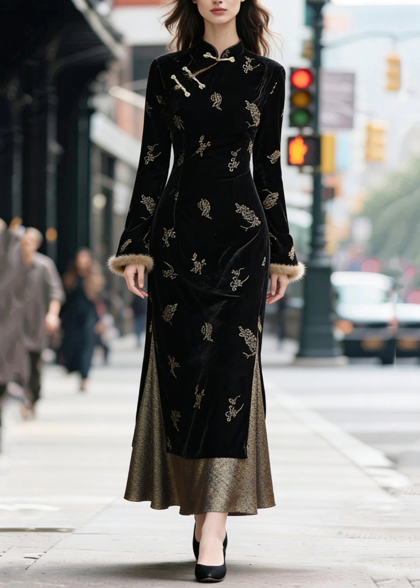 Black Chinese Button Side Open Patchwork Silk Velvet Long Dresses Stand Collar