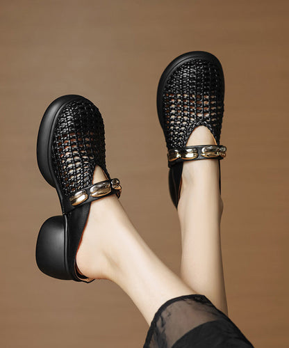 Black Chunky Cowhide Leather Chic Slide Sandals Hollow Out