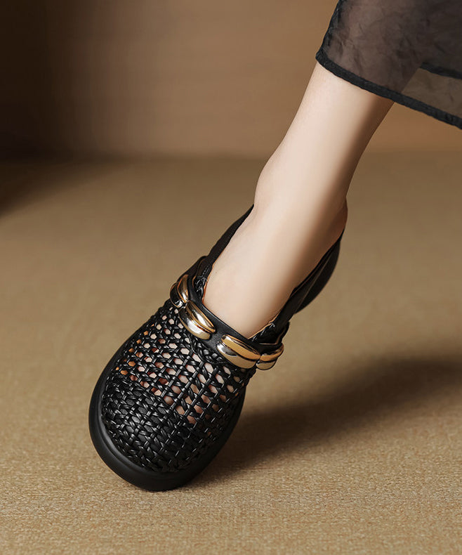 Black Chunky Cowhide Leather Chic Slide Sandals Hollow Out