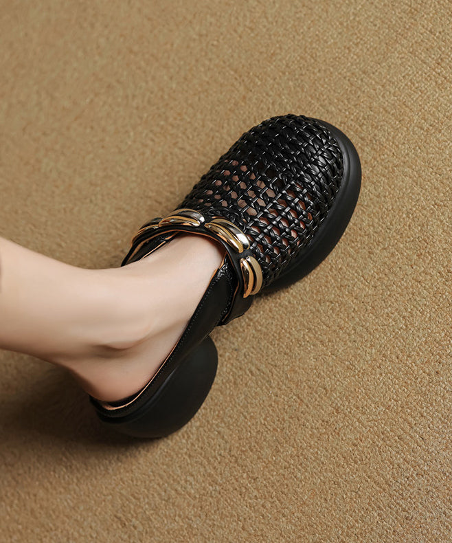 Black Chunky Cowhide Leather Chic Slide Sandals Hollow Out