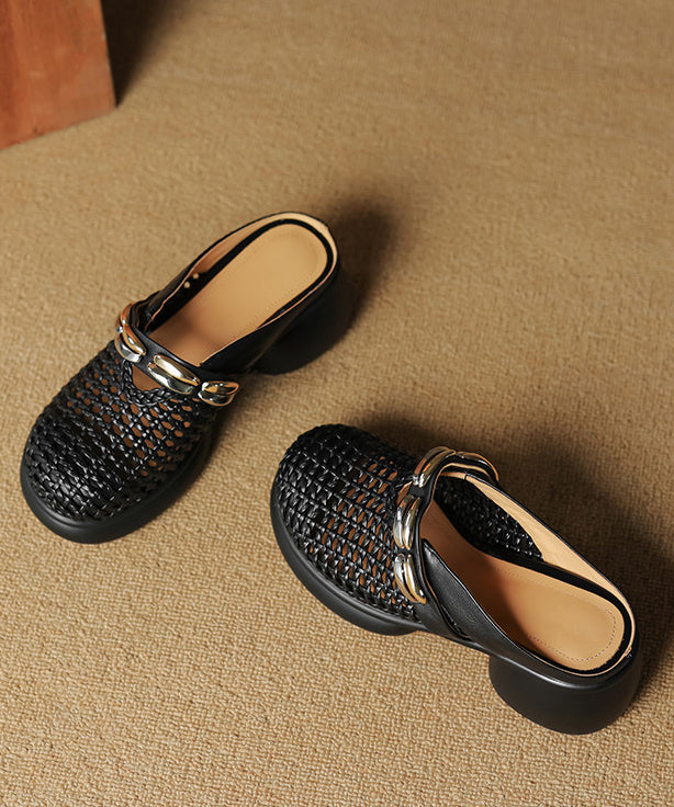 Black Chunky Cowhide Leather Chic Slide Sandals Hollow Out