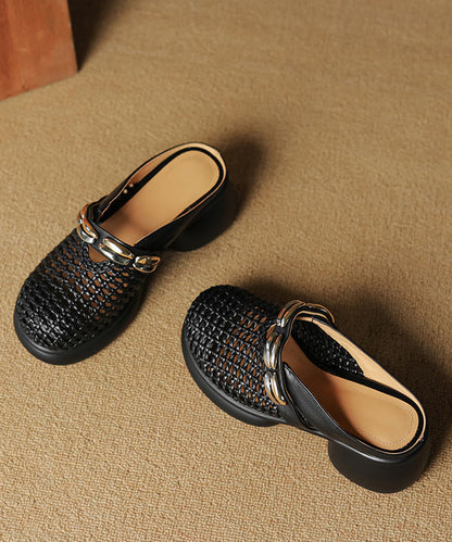 Black Chunky Cowhide Leather Chic Slide Sandals Hollow Out