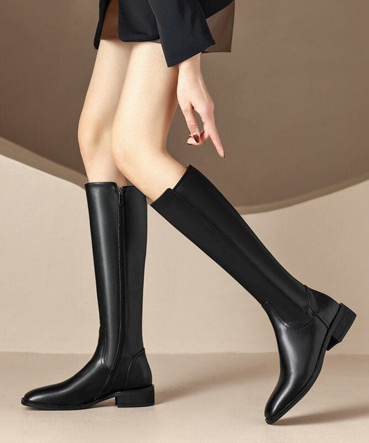 Black Chunky Cowhide Leather Fashion Zippered Splicing Boots