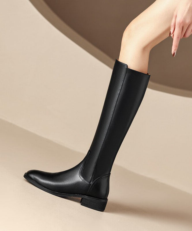 Black Chunky Cowhide Leather Fashion Zippered Splicing Boots