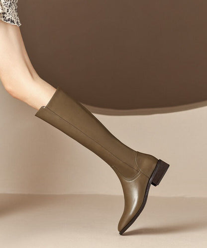 Black Chunky Cowhide Leather Fashion Zippered Splicing Boots