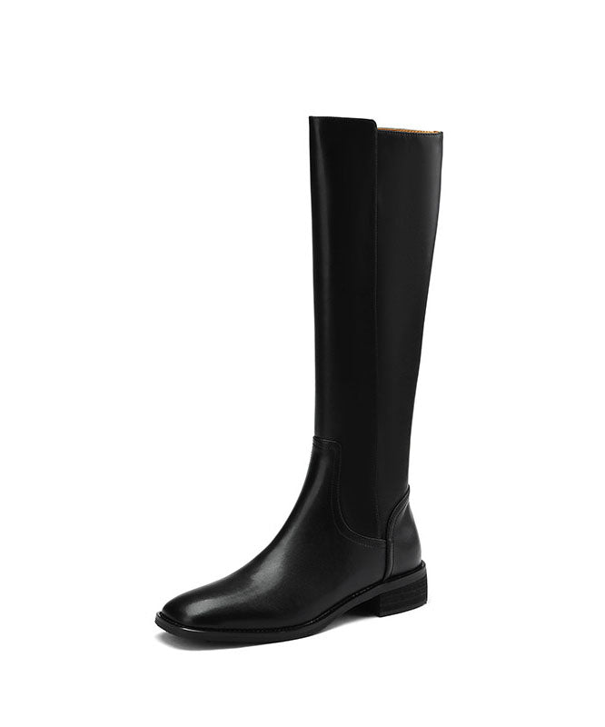 Black Chunky Cowhide Leather Fashion Zippered Splicing Boots