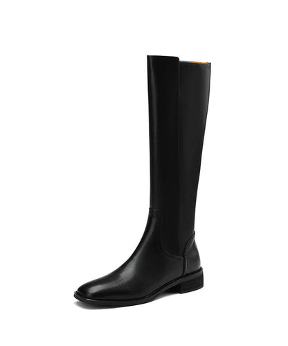 Black Chunky Cowhide Leather Fashion Zippered Splicing Boots