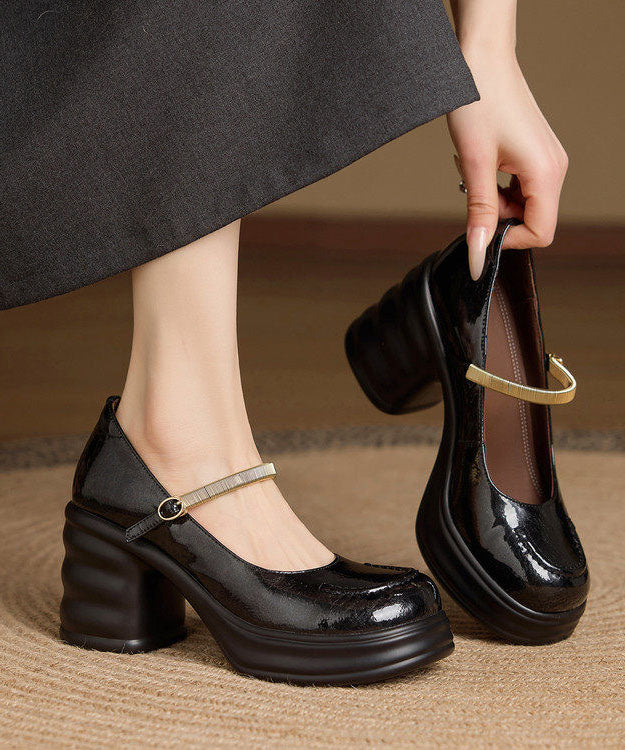 Black Chunky Heel Cowhide Leather Beautiful Splicing Buckle Strap