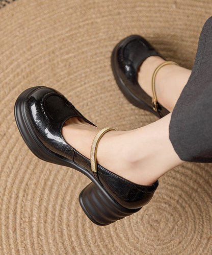 Black Chunky Heel Cowhide Leather Beautiful Splicing Buckle Strap
