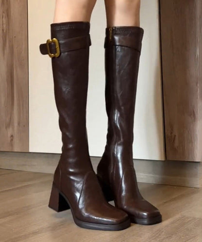 Black Chunky Heel Cowhide Leather Classy Splicing Boots
