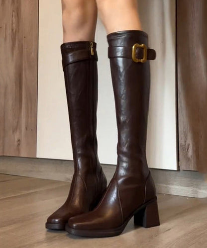 Black Chunky Heel Cowhide Leather Classy Splicing Boots