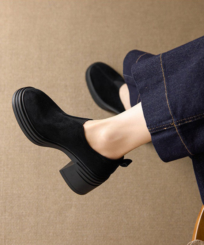 Black Chunky Heel Suede Fashion Splicing Loafer Shoes