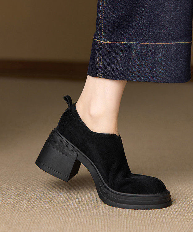 Black Chunky Heel Suede Fashion Splicing Loafer Shoes