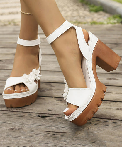 Black Chunky Sandals Faux Leather Stylish Splicing Floral