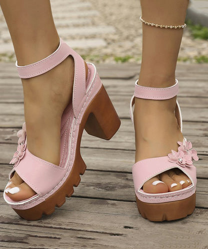 Black Chunky Sandals Faux Leather Stylish Splicing Floral