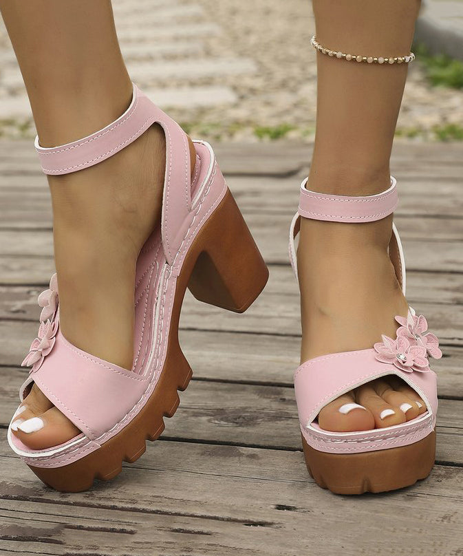 Black Chunky Sandals Faux Leather Stylish Splicing Floral
