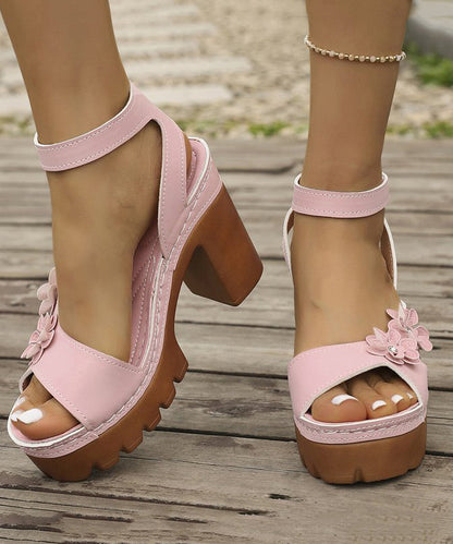 Black Chunky Sandals Faux Leather Stylish Splicing Floral