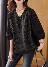 Load image into Gallery viewer, Black Cinched Tassel Chiffon Shirt Fall