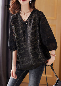 Black Cinched Tassel Chiffon Shirt Fall