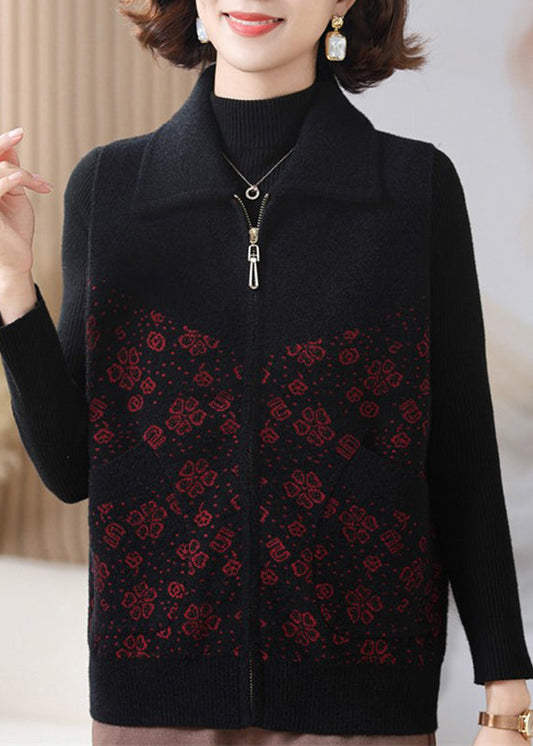 Black Coat Peter Pan Collar Zippered Knit Waistcoat Fall