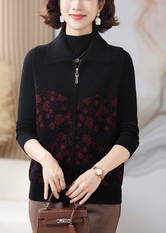 Black Coat Peter Pan Collar Zippered Knit Waistcoat Fall