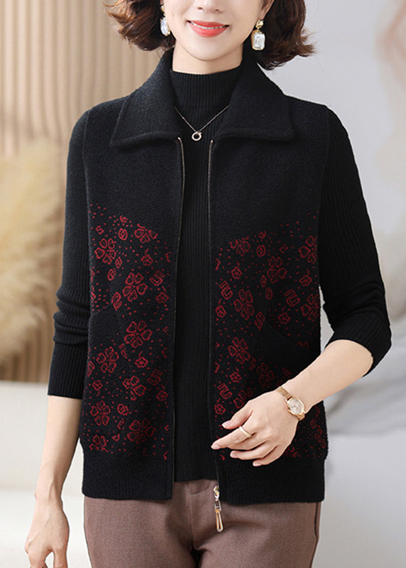 Black Coat Peter Pan Collar Zippered Knit Waistcoat Fall