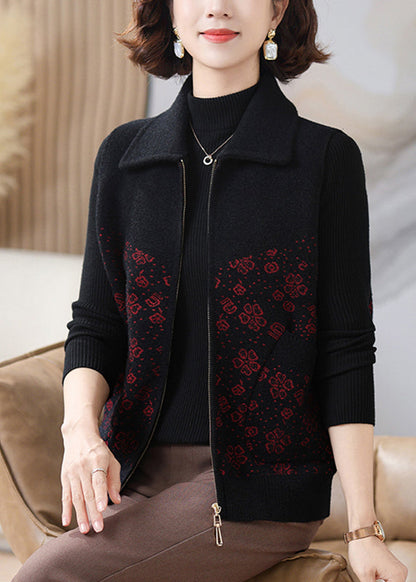 Black Coat Peter Pan Collar Zippered Knit Waistcoat Fall