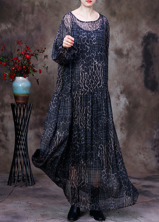 Black Chocolate O-Neck Print Maxi Dress And Suspenders Two Pieces Set Fall