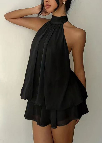 Black Cold Shoulder Lace Up Chiffon Mini Dress Summer