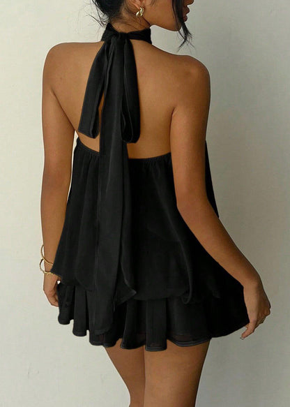 Black Cold Shoulder Lace Up Chiffon Mini Dress Summer