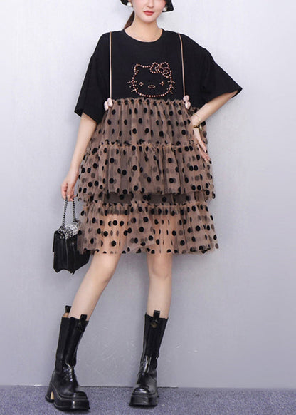 Black Cool Hello Kitty Polka Tulle Patchwork Summer Mid Dress Ruffled