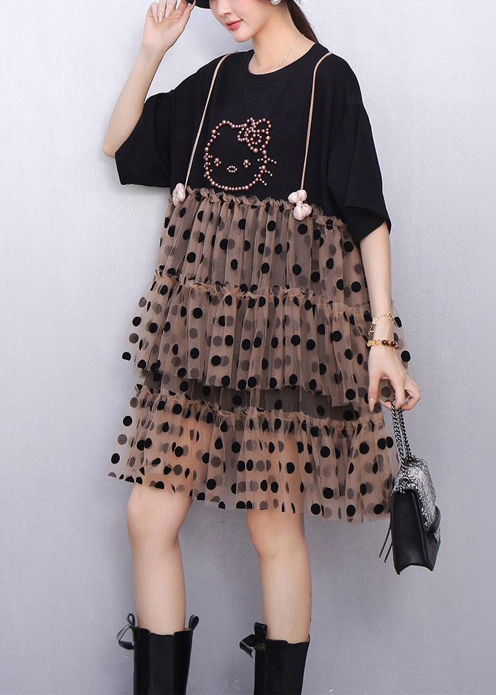 Black Cool Hello Kitty Polka Tulle Patchwork Summer Mid Dress Ruffled
