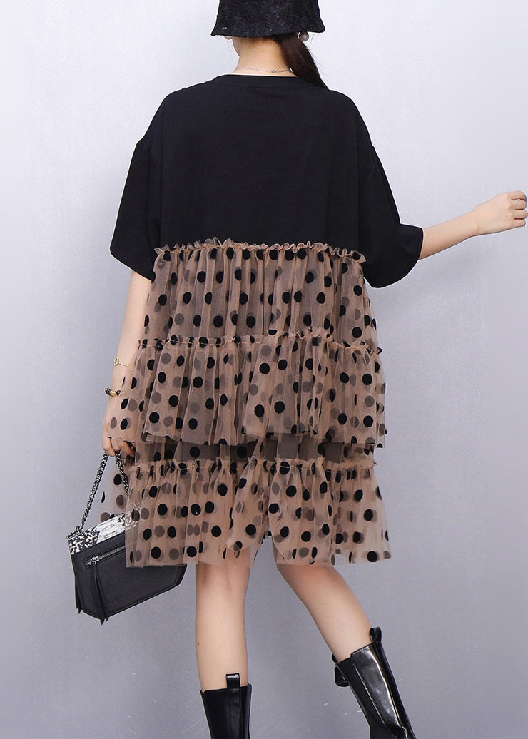 Black Cool Hello Kitty Polka Tulle Patchwork Summer Mid Dress Ruffled