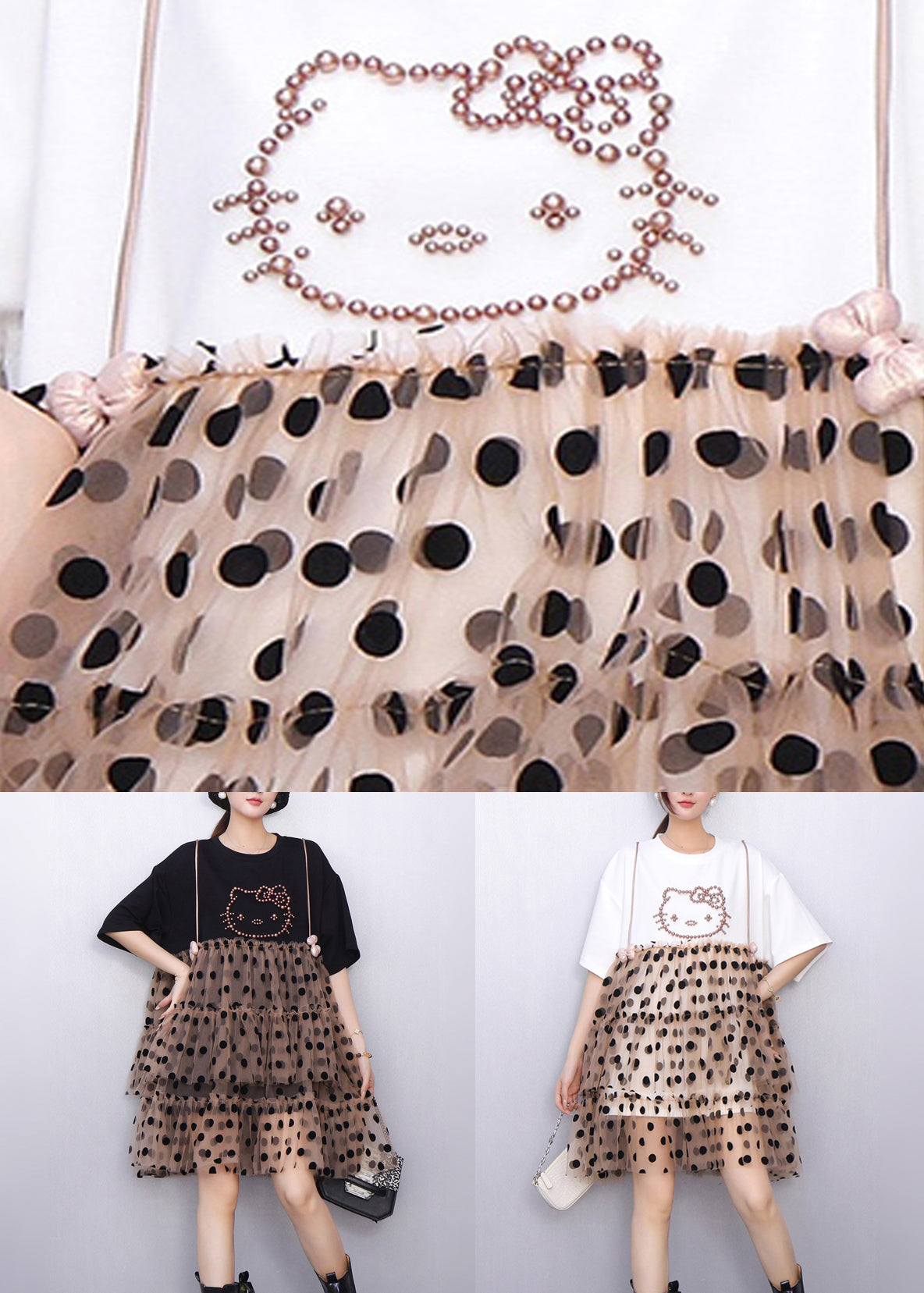 Black Cool Hello Kitty Polka Tulle Patchwork Summer Mid Dress Ruffled