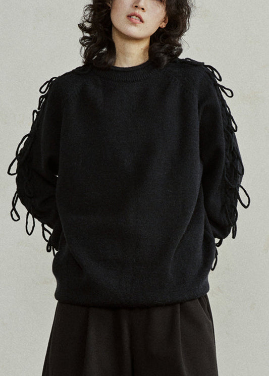 Black Cotton Knit Sweater Patchwork Tassel Fall