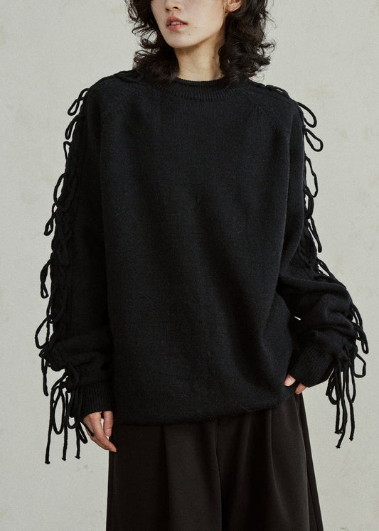 Black Cotton Knit Sweater Patchwork Tassel Fall