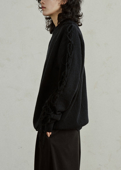 Black Cotton Knit Sweater Patchwork Tassel Fall