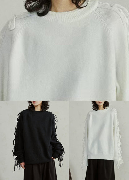 Black Cotton Knit Sweater Patchwork Tassel Fall