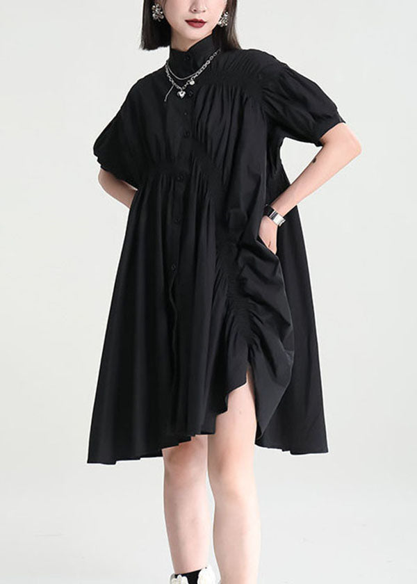 Black Cotton Mid Dress Exra Large Hem Cinched Applique Short Sleeve