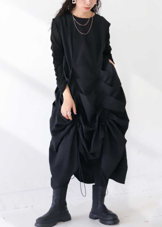 Black Cotton Robe Dresses Drawstring Wrinkled Sleeveless