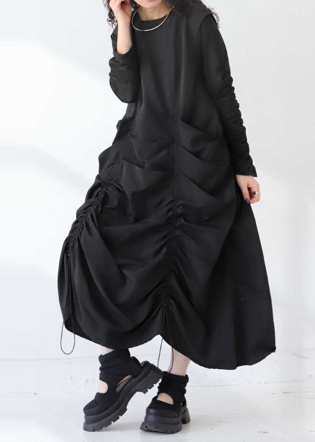 Black Cotton Robe Dresses Drawstring Wrinkled Sleeveless