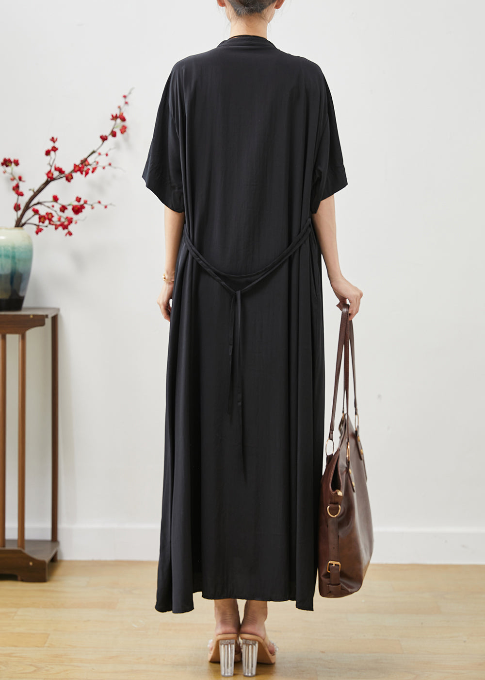 Black Cotton Robe Dresses Stand Collar Oversized Summer